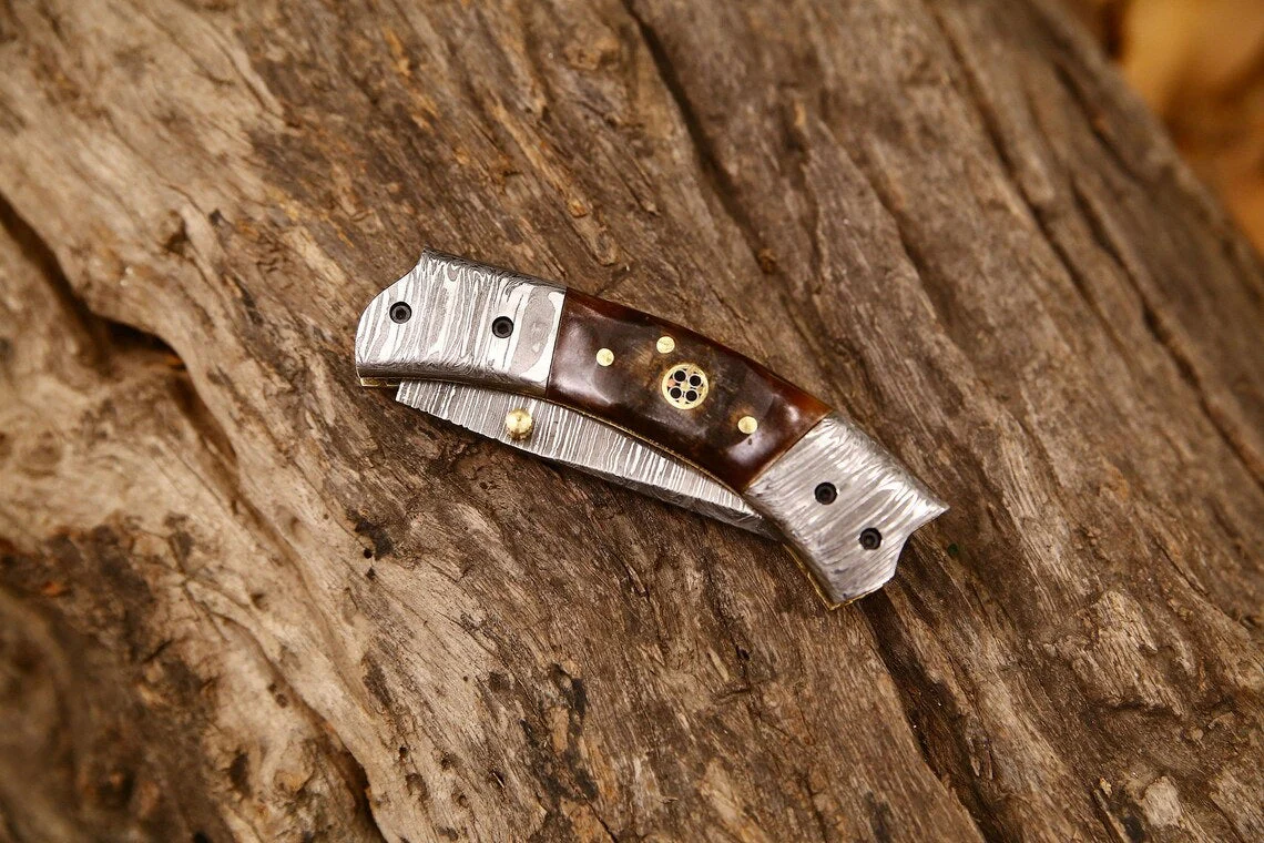 Custom Handmade Damascus Steel EDC Folding Pocket Knife – 3-Inch Blade, Sheep Horn Handle, Leather Case – Perfect Wedding Gift by KBS Knives - Image 5