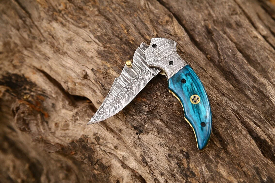 Custom Handmade Damascus Steel EDC Folding Pocket Knife – Exotic Wood Handle, 3-Inch Blade, Leather Case – Ideal Wedding Gift