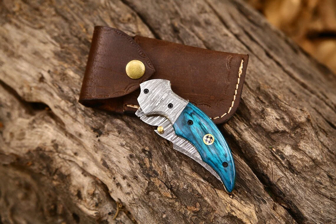 Custom Handmade Damascus Steel EDC Folding Pocket Knife – Exotic Wood Handle, 3-Inch Blade, Leather Case – Ideal Wedding Gift - Image 2
