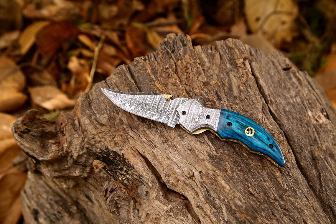 Custom Handmade Damascus Steel EDC Folding Pocket Knife – Exotic Wood Handle, 3-Inch Blade, Leather Case – Ideal Wedding Gift - Image 3