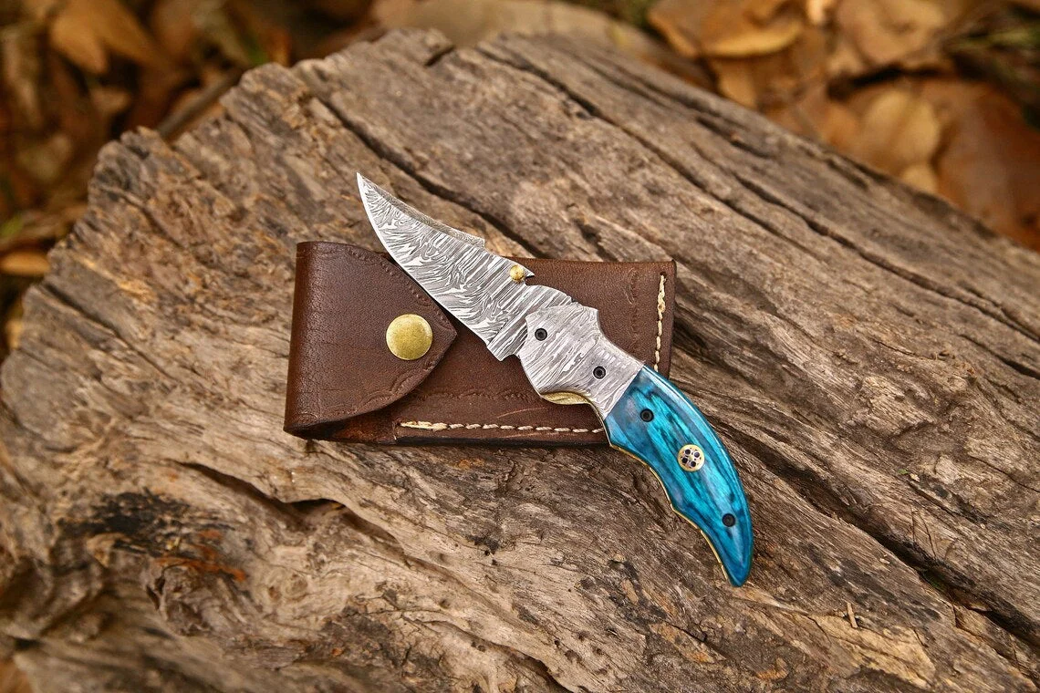 Custom Handmade Damascus Steel EDC Folding Pocket Knife – Exotic Wood Handle, 3-Inch Blade, Leather Case – Ideal Wedding Gift - Image 4