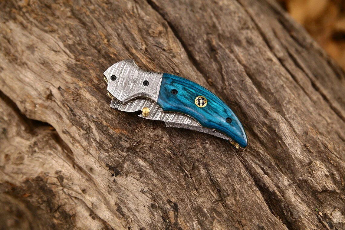 Custom Handmade Damascus Steel EDC Folding Pocket Knife – Exotic Wood Handle, 3-Inch Blade, Leather Case – Ideal Wedding Gift - Image 5