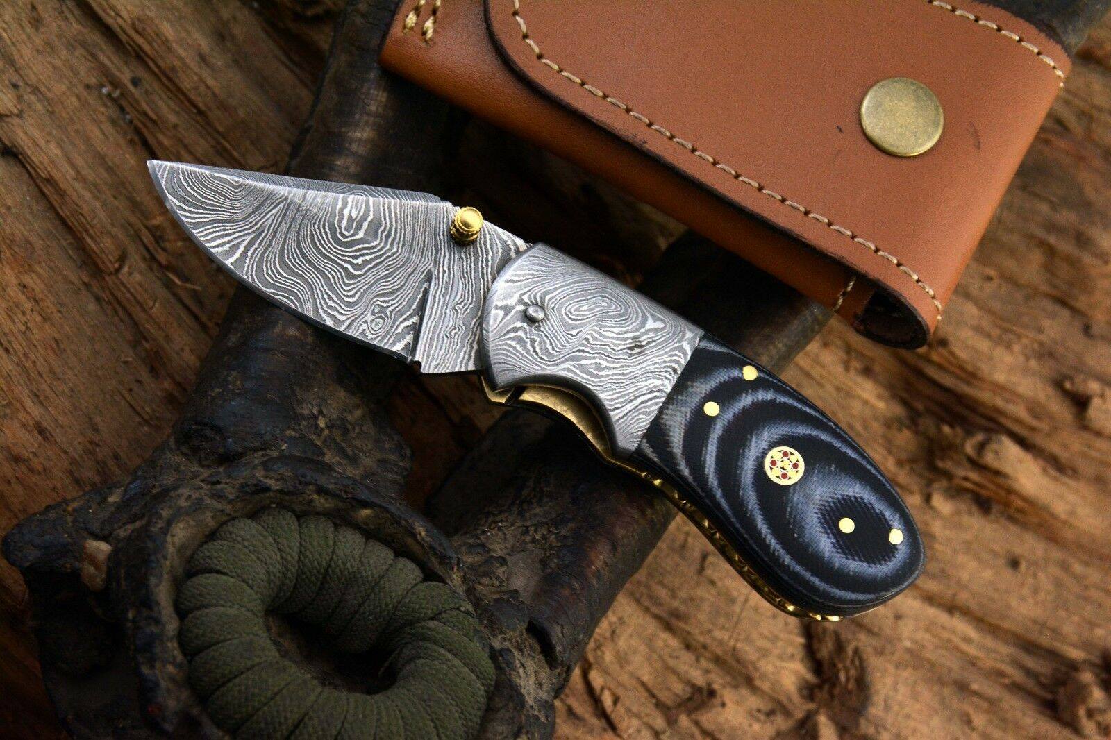 Custom Handmade Damascus Steel EDC Small Folding Pocket Knife with Canvas Micarta Handle and Leather Case by KBS Knives Store. - Image 2