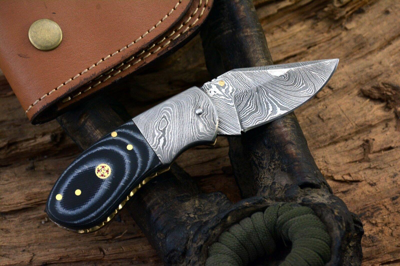 Custom Handmade Damascus Steel EDC Small Folding Pocket Knife with Canvas Micarta Handle and Leather Case by KBS Knives Store. - Image 3