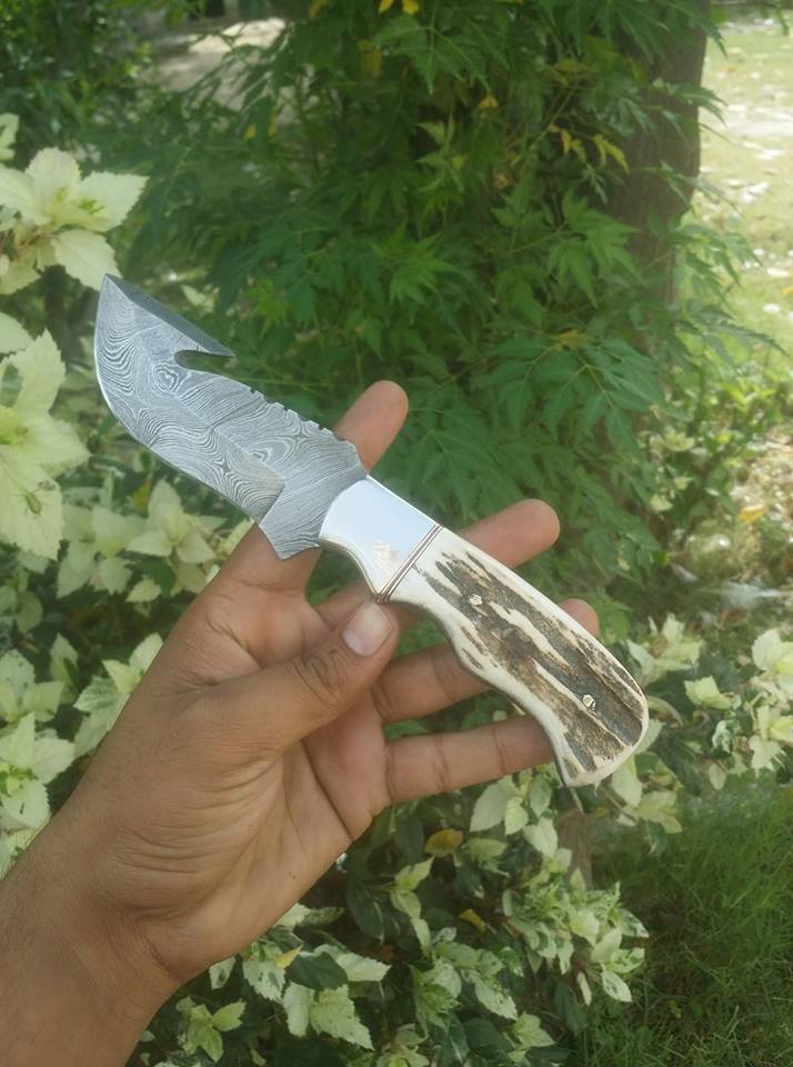 Custom Handmade Damascus Steel Elk Antler Guthook Knife - Image 2