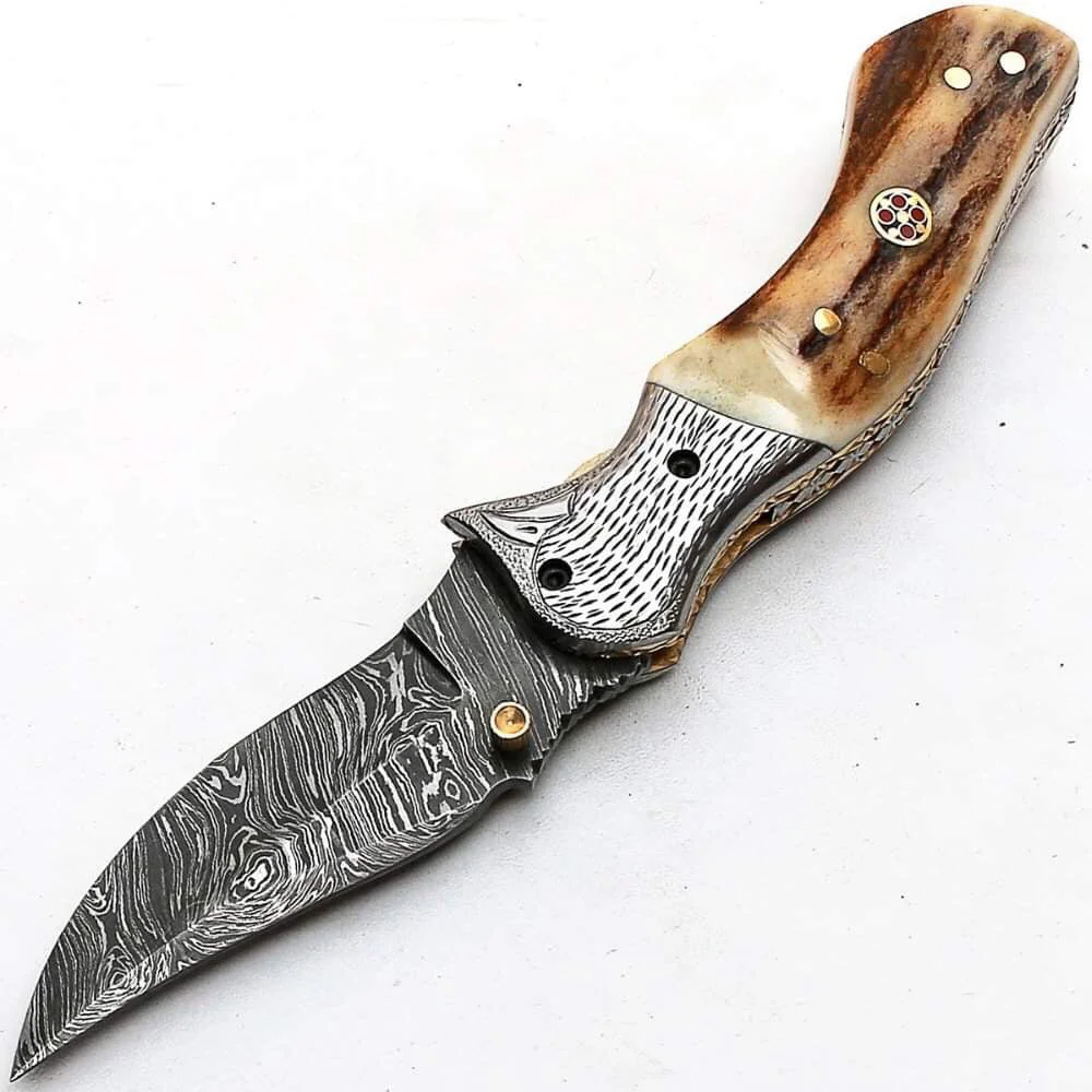 Custom Handmade Damascus Steel Engraved Folding Pocket Knife with Antler Horn Handle and Leather Case by KBS Knives Store. - Image 2