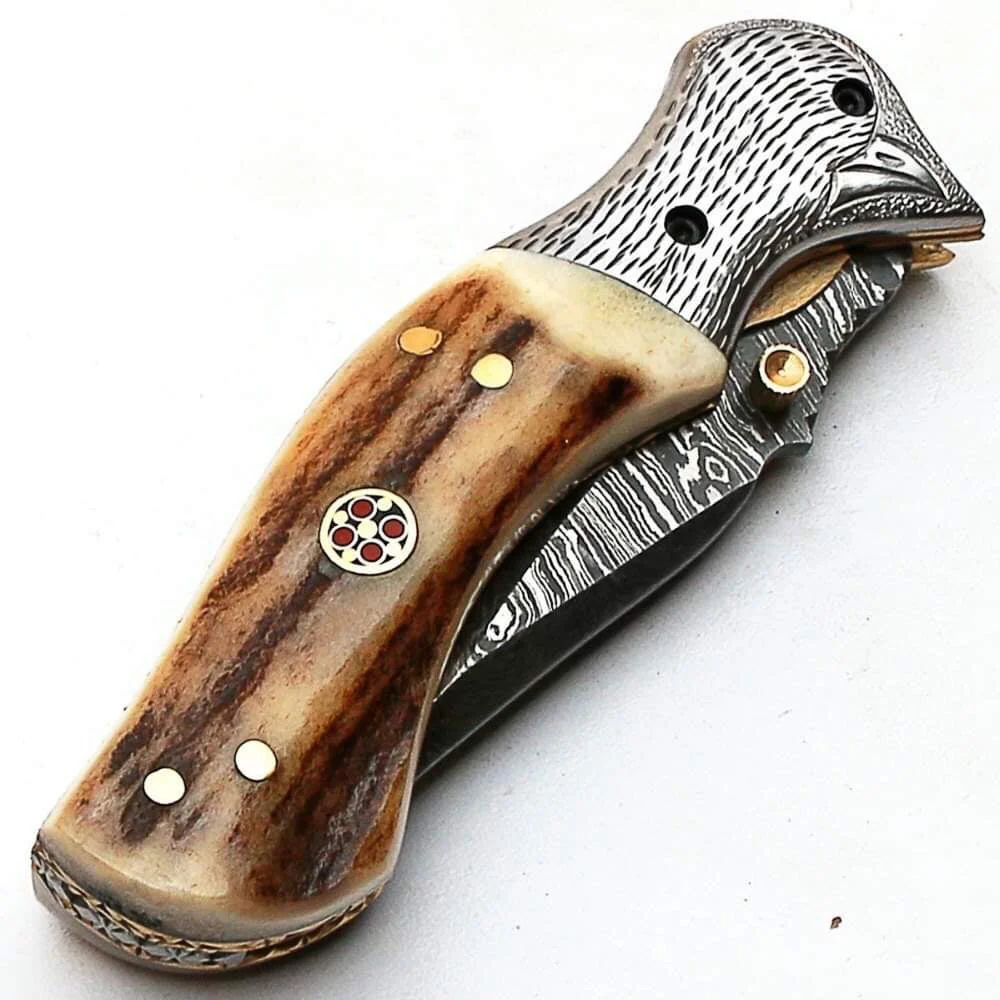 Custom Handmade Damascus Steel Engraved Folding Pocket Knife with Antler Horn Handle and Leather Case by KBS Knives Store. - Image 3