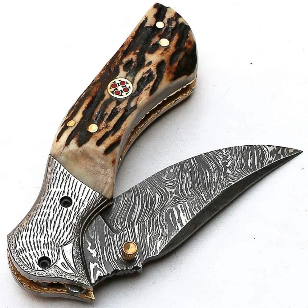 Custom Handmade Damascus Steel Engraved Folding Pocket Knife with Antler Horn Handle and Leather Case by KBS Knives Store. - Image 4