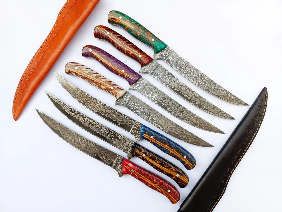 Custom Handmade Damascus Steel Fillet Knife with Epoxy Resin Pine Cone Handle - 13 Inch Length with Leather Sheath - Image 2