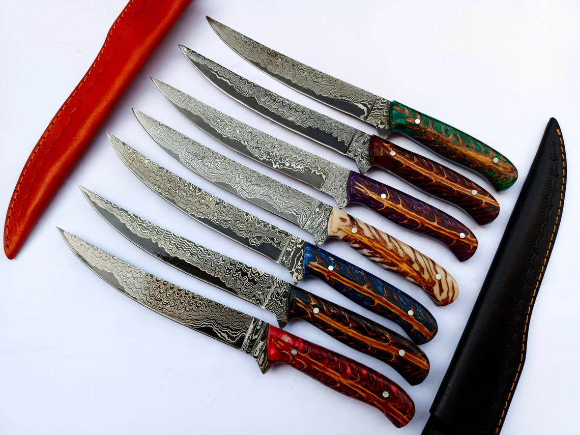 Custom Handmade Damascus Steel Fillet Knife with Epoxy Resin Pine Cone Handle - 13 Inch Length with Leather Sheath - Image 3