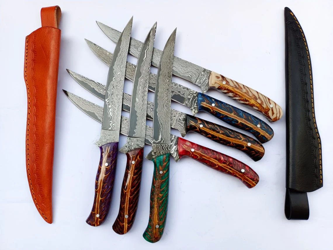 Custom Handmade Damascus Steel Fillet Knife with Epoxy Resin Pine Cone Handle - 13 Inch Length with Leather Sheath - Image 4