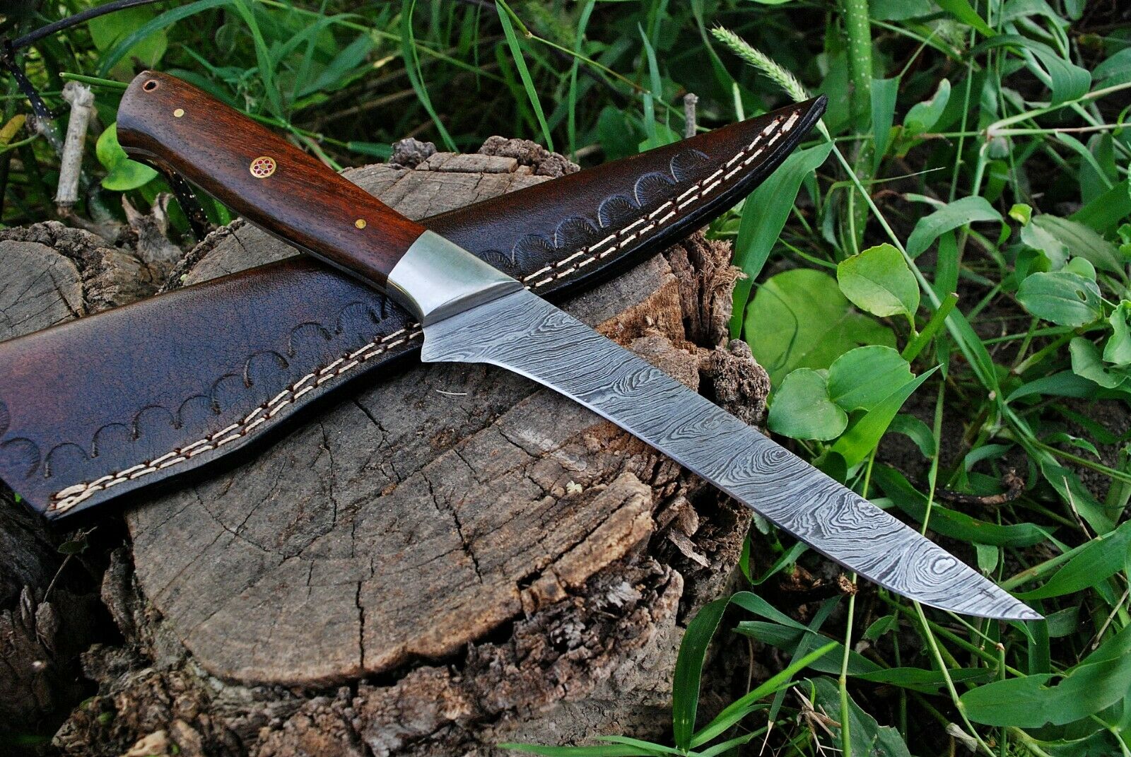 Custom Handmade Damascus Steel Fillet Knife with Rose Wood and Steel Bolster Handle - Image 2