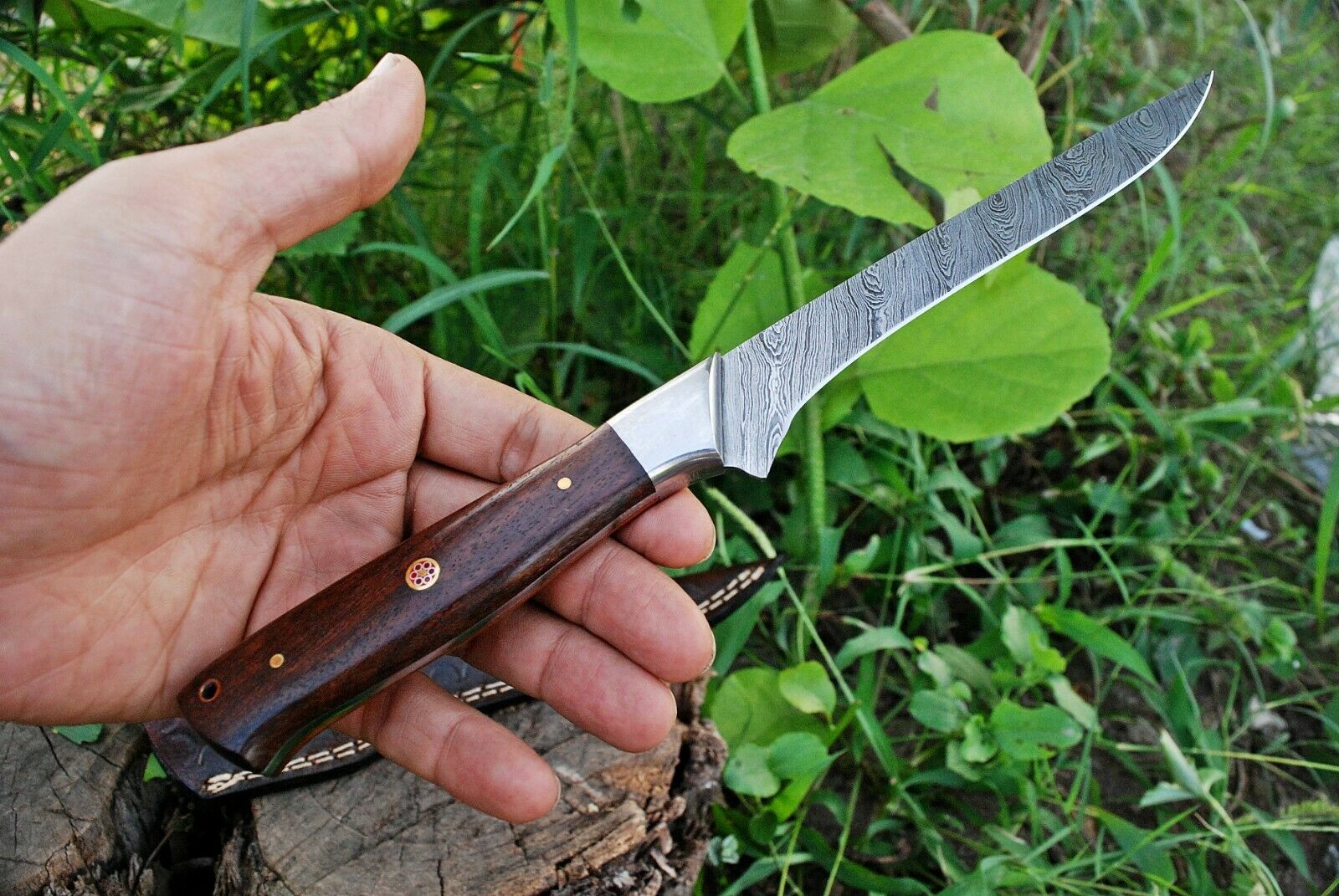Custom Handmade Damascus Steel Fillet Knife with Rose Wood and Steel Bolster Handle - Image 3