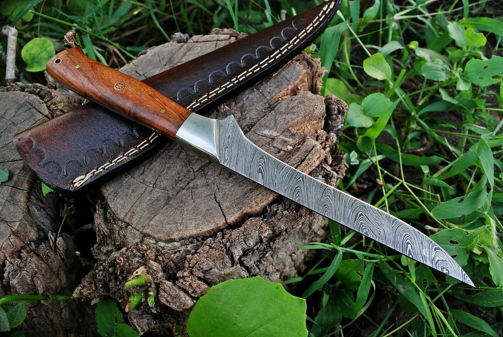 Custom Handmade Damascus Steel Fillet Knife with Rose Wood and Steel Bolster Handle - Image 4