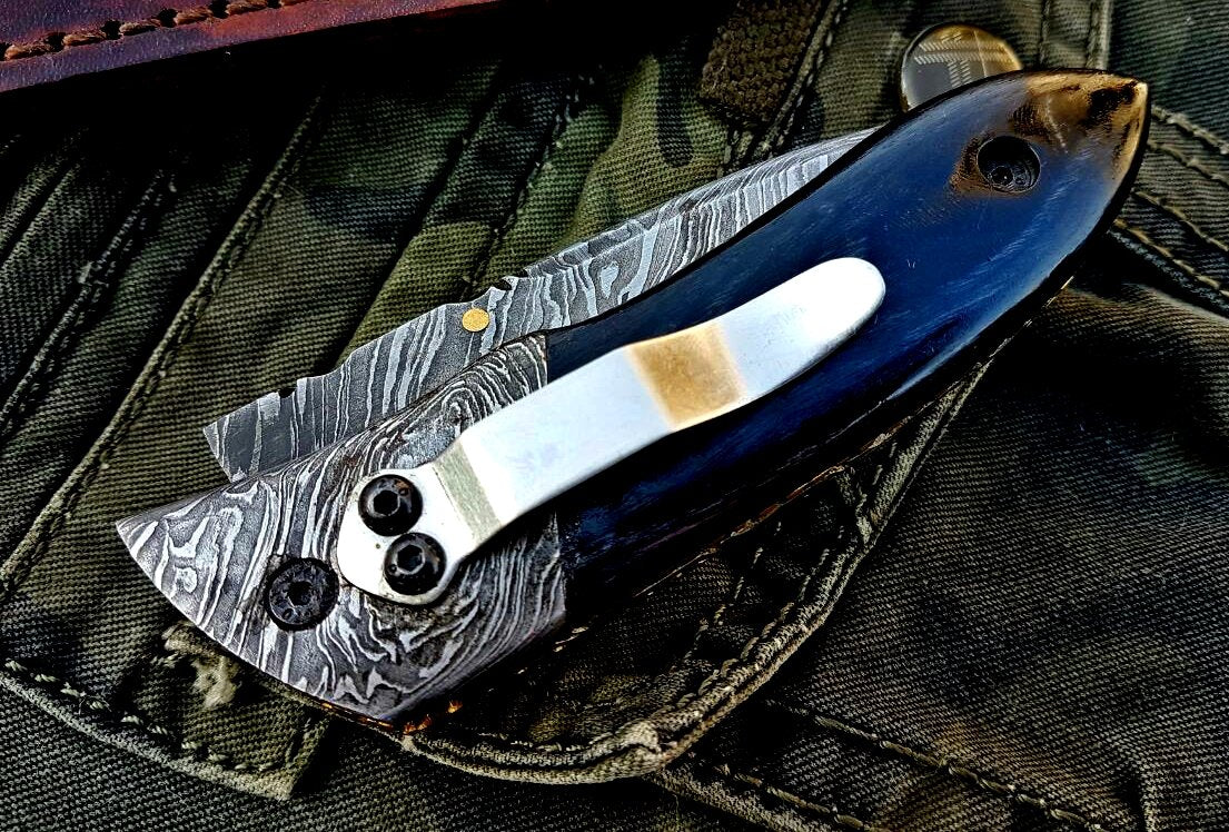 Custom Handmade Damascus Steel Folding Knife With Pocket Clip - Image 2