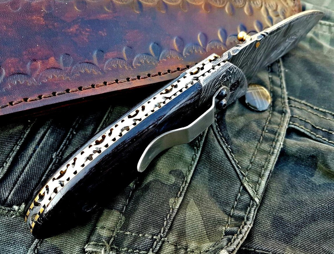 Custom Handmade Damascus Steel Folding Knife With Pocket Clip - Image 4