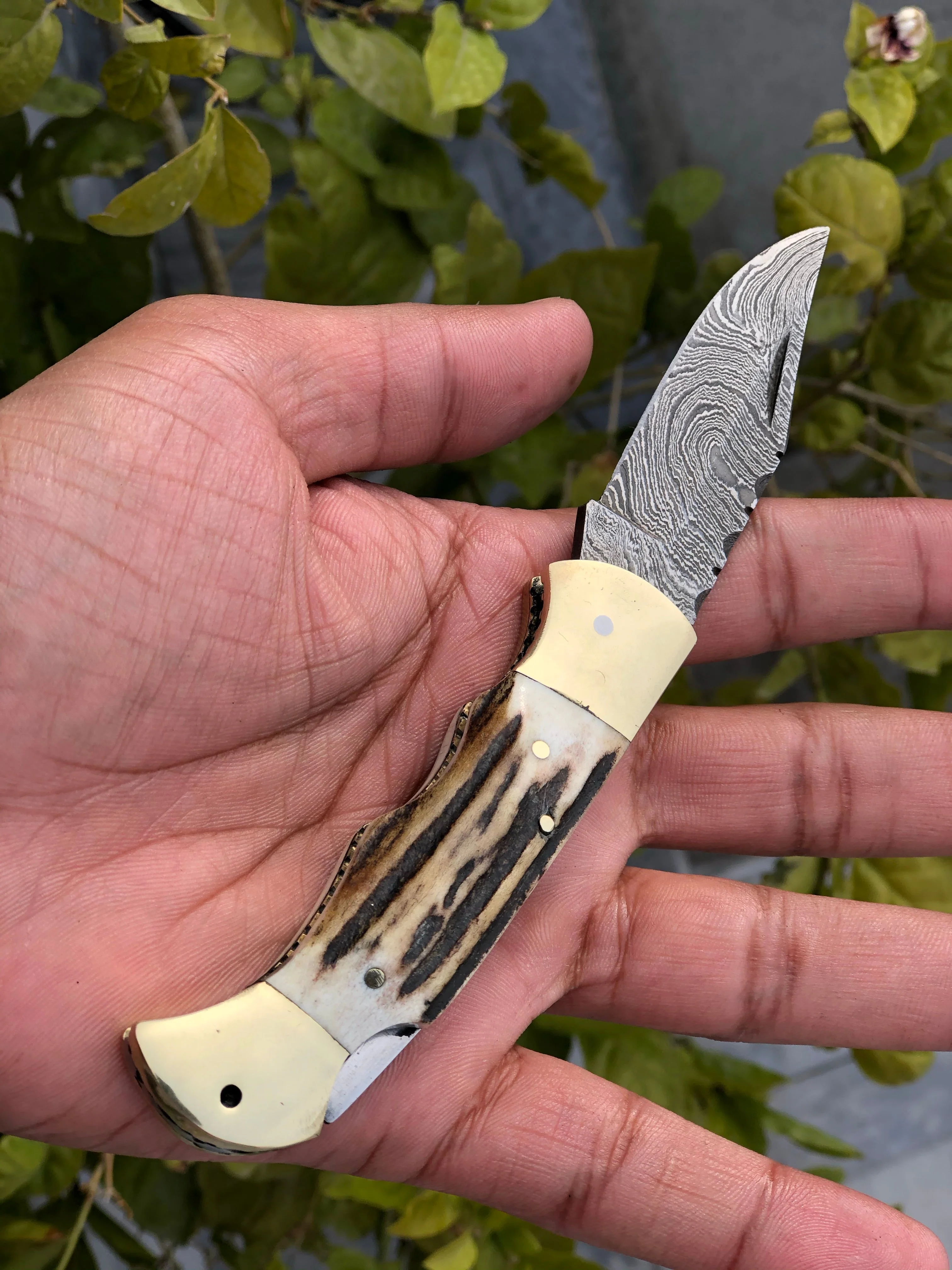 Custom Handmade Damascus Steel Folding Pocket Knife with Antler Horn and Brass Bolsters Handle and Leather Case - For Sale by KBS Knives Store - Image 3