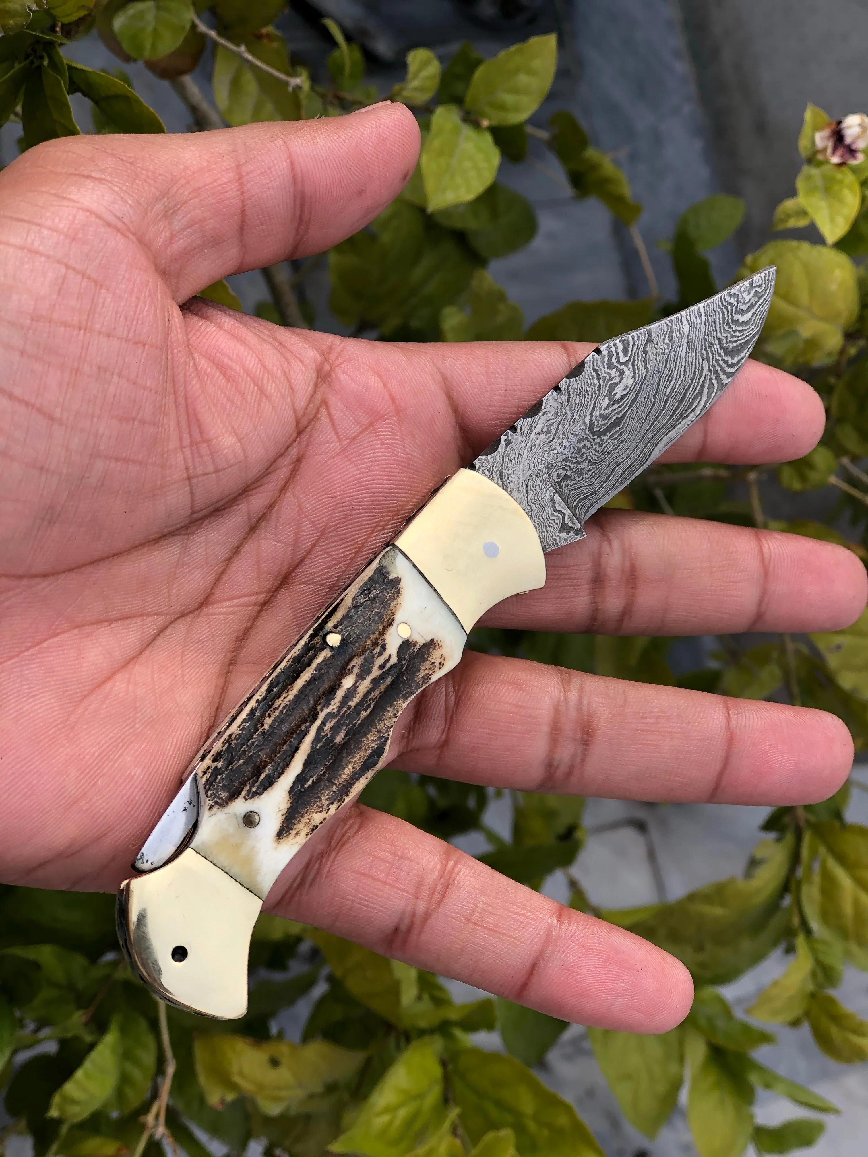 Custom Handmade Damascus Steel Folding Pocket Knife with Antler Horn and Brass Bolsters Handle and Leather Case - For Sale by KBS Knives Store - Image 4