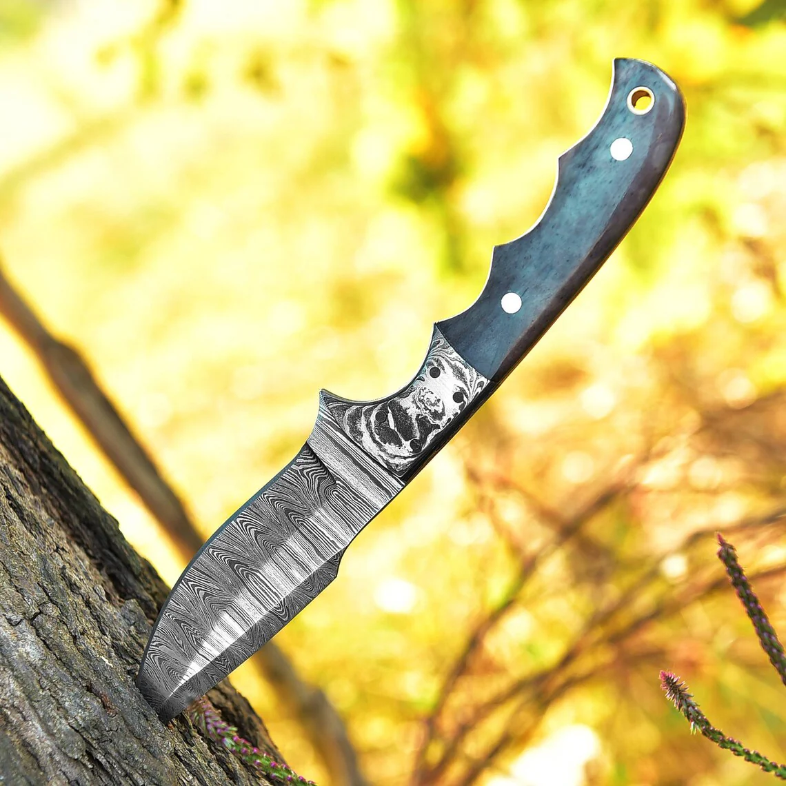 Custom Handmade Damascus Steel Good Skinning Knife with Colored Bone Handle, 8.25-inch - Image 2