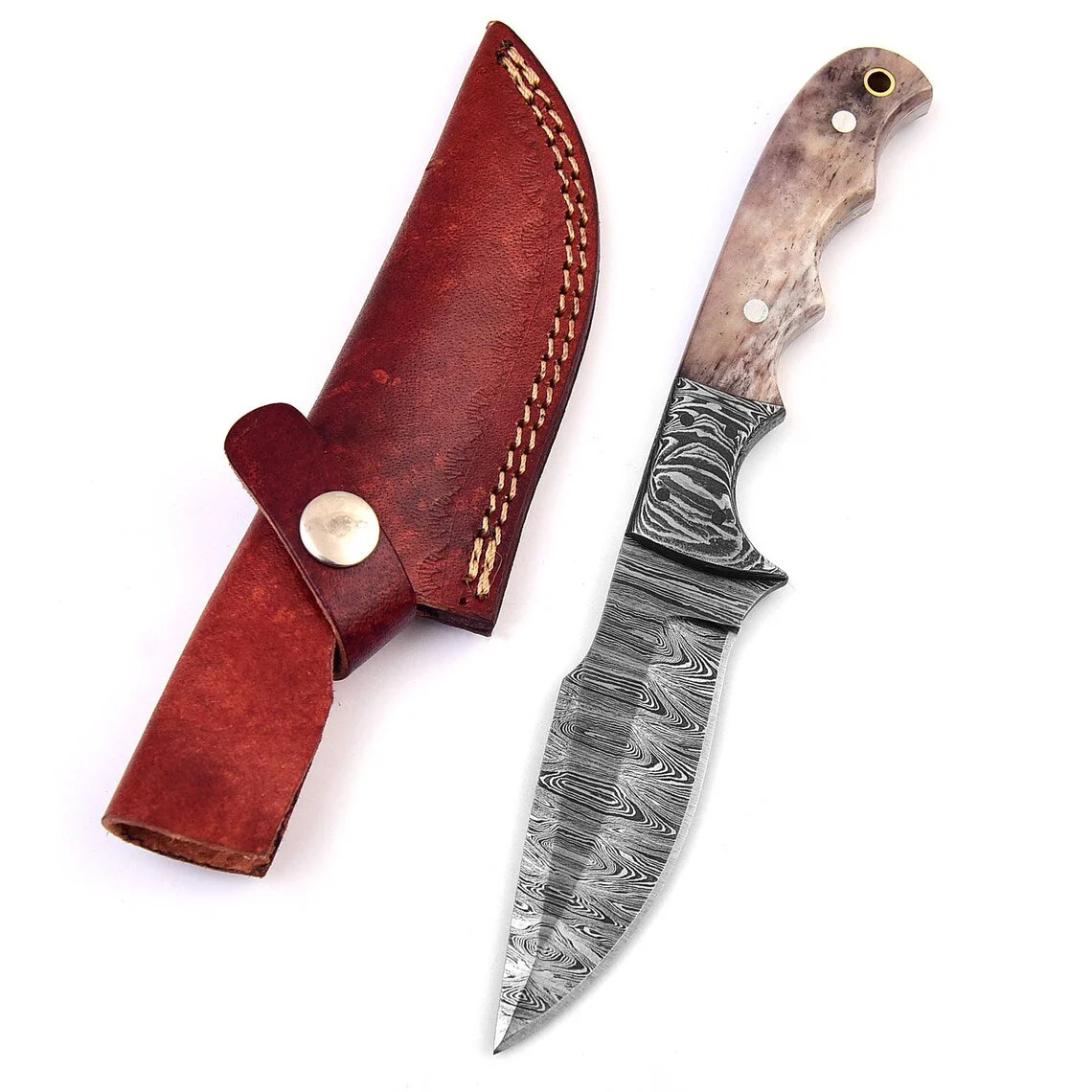 Custom Handmade Damascus Steel Good Skinning Knife with Colored Bone Handle, 8.25-inch - Image 3