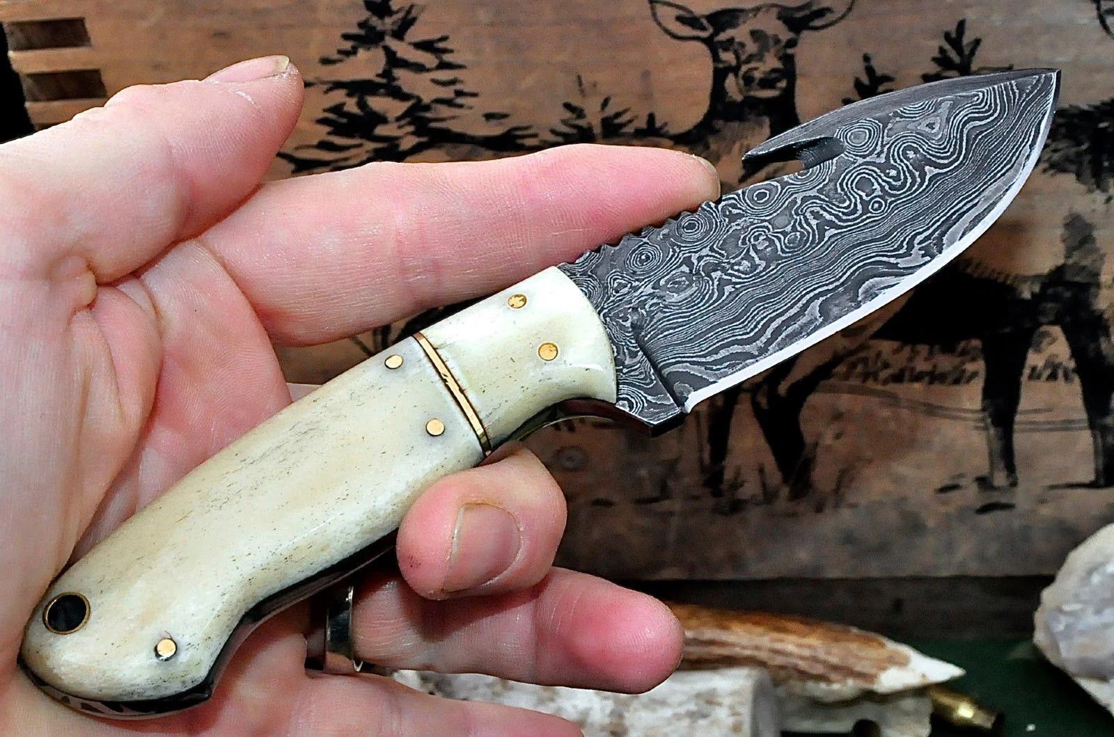 Custom Handmade Damascus Steel Guthook Skinning Knife - Image 3
