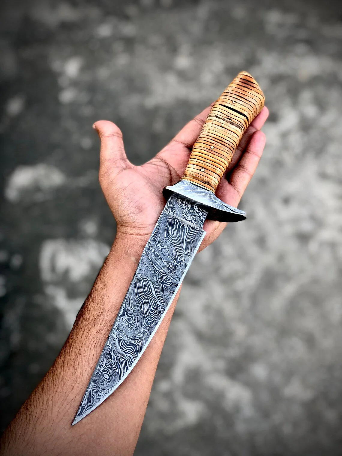 "Custom Handmade Damascus Steel Hunting Bowie Knife | Stacked Leather-Damascus Guard Handle | 12 Inches | Leather Sheath | KBS Knives Store" - Image 2