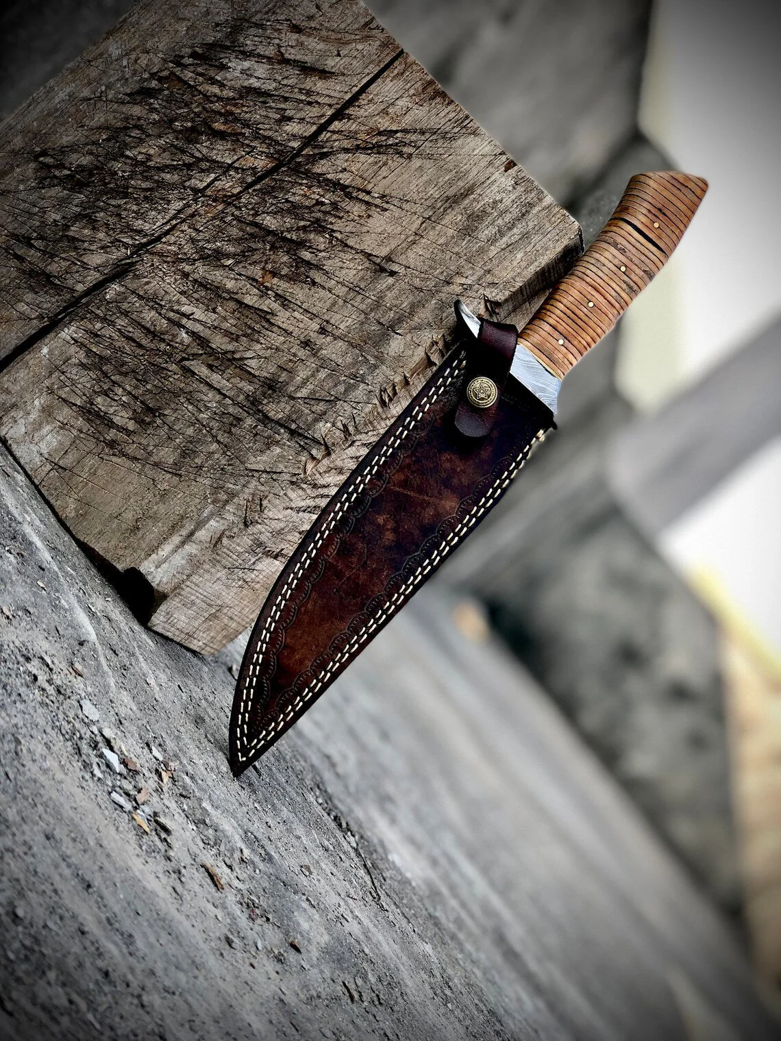 "Custom Handmade Damascus Steel Hunting Bowie Knife | Stacked Leather-Damascus Guard Handle | 12 Inches | Leather Sheath | KBS Knives Store" - Image 3