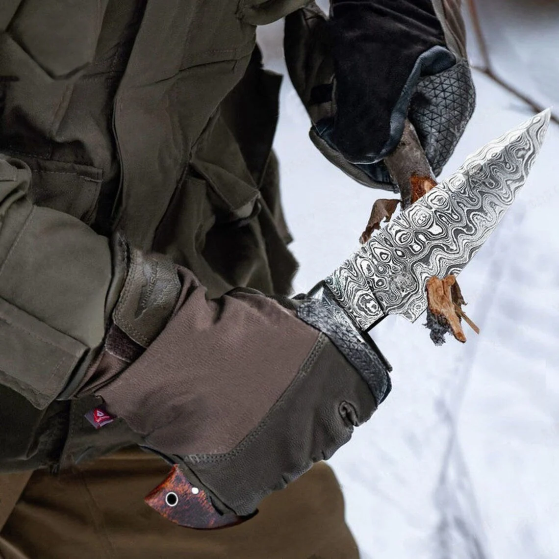 "Custom Handmade Damascus Steel Hunting Camping Knife | Rosewood-Damascus Guard Handle | 9.5 Inches | Leather Sheath | KBS Knives Store" - Image 2