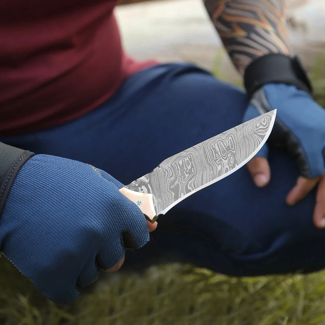 Custom Handmade Damascus Steel Hunting Knife with Epoxy Pearl Resin Handle, Leather Sheath and Rosewood & Brass Bolster by KBS Knives Store - Image 2