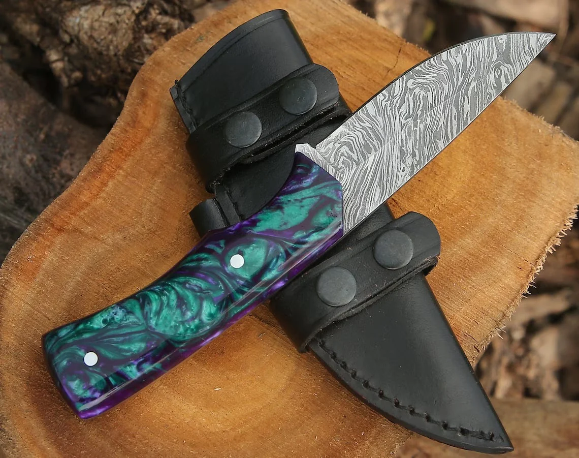 Custom Handmade Damascus Steel Hunting Knife with Epoxy Resin Handle and Leather Sheath - 8.5 Inches by KBS Knives Store - Image 2