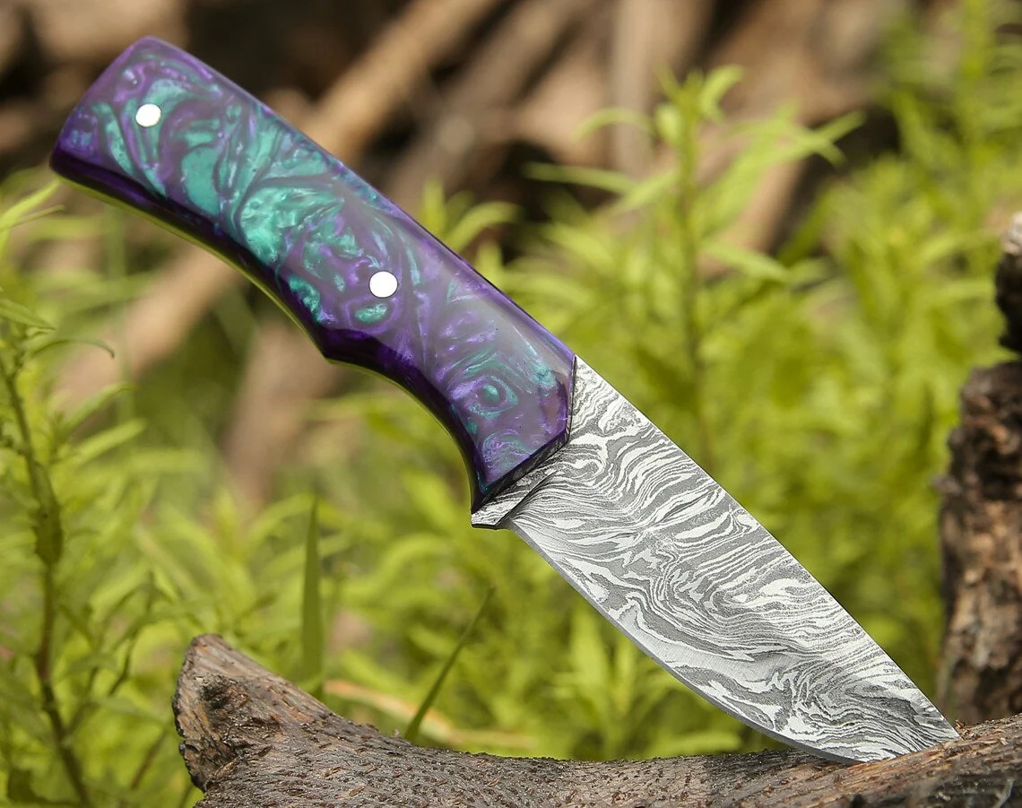 Custom Handmade Damascus Steel Hunting Knife with Epoxy Resin Handle and Leather Sheath - 8.5 Inches by KBS Knives Store - Image 3