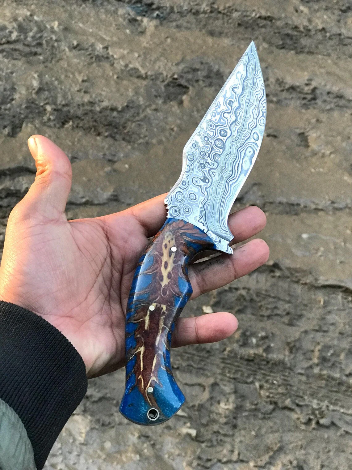 Custom Handmade Damascus Steel Hunting Knife with Raindrop Blade – 10" | KBS Knives - Image 3