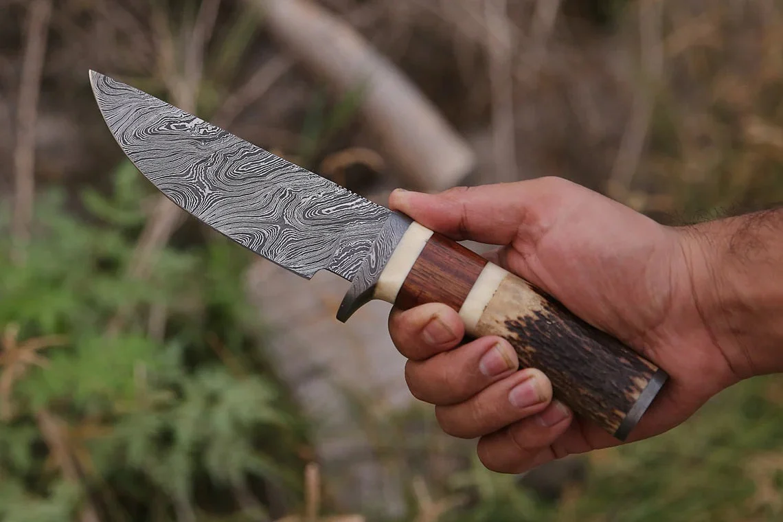 Custom Handmade Damascus Steel Hunting Knife with Rosewood, Stag Horn, Bone and Damascus Guard Handle - Image 3