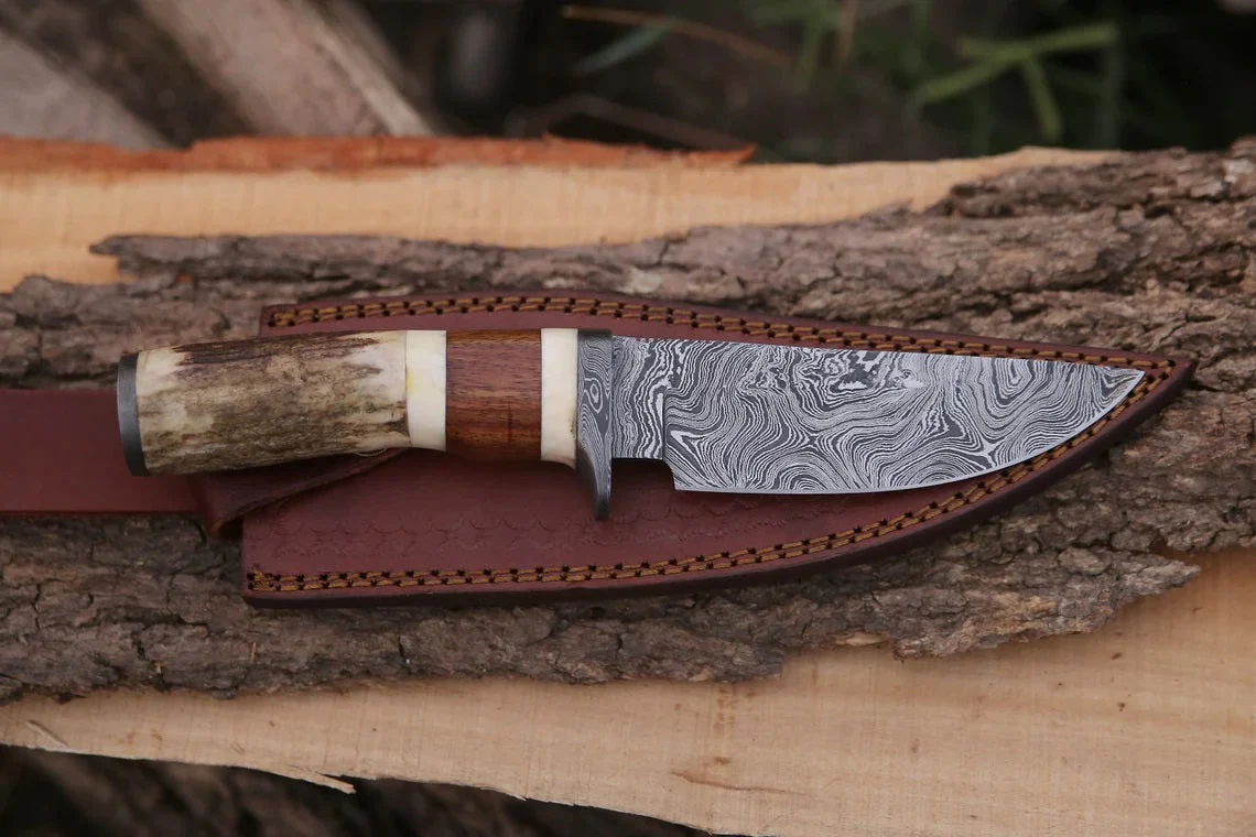 Custom Handmade Damascus Steel Hunting Knife with Rosewood, Stag Horn, Bone and Damascus Guard Handle - Image 4