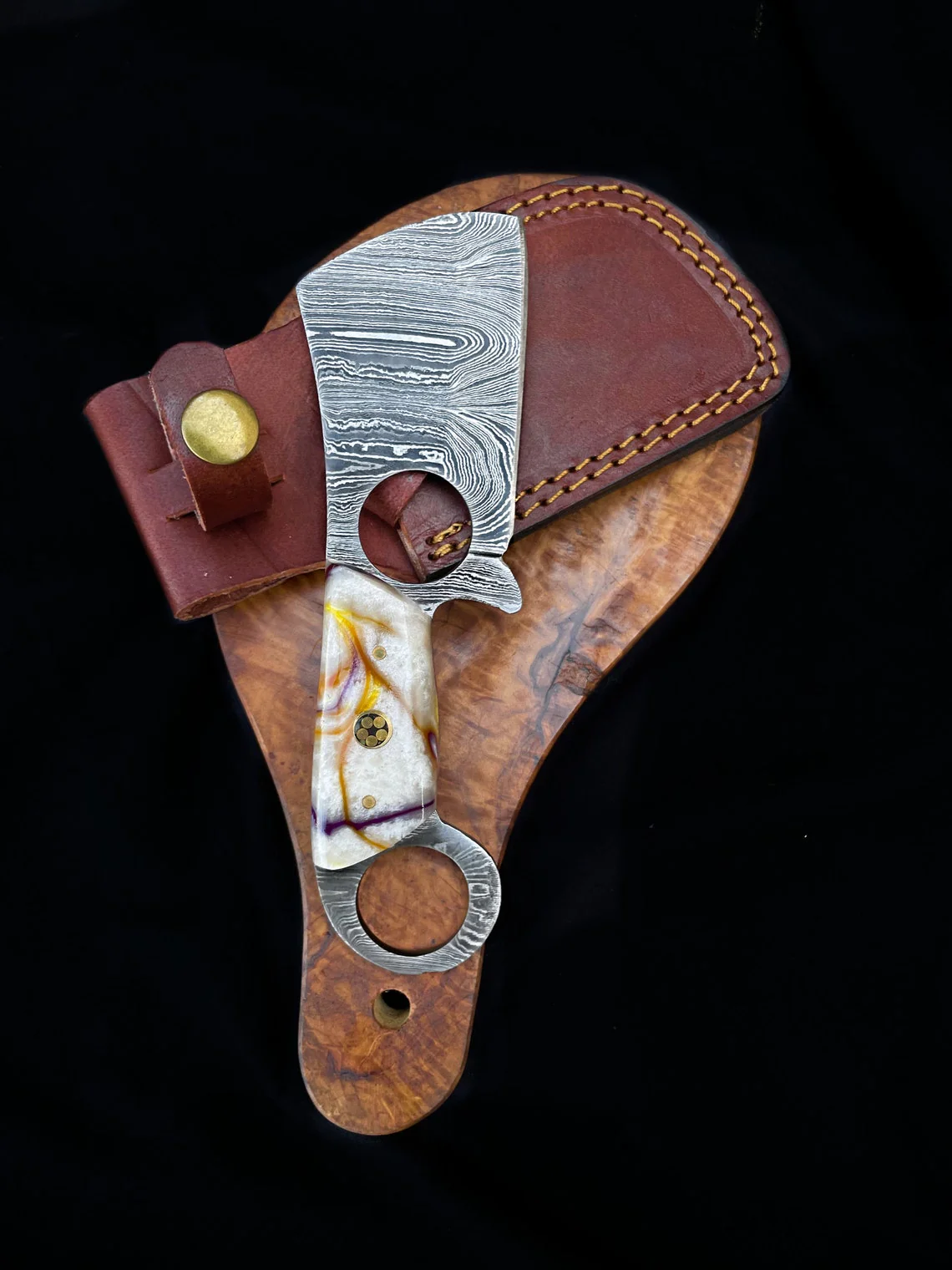 Custom Handmade Damascus Steel Mini Finger Hole Cleaver Knife - Image 2