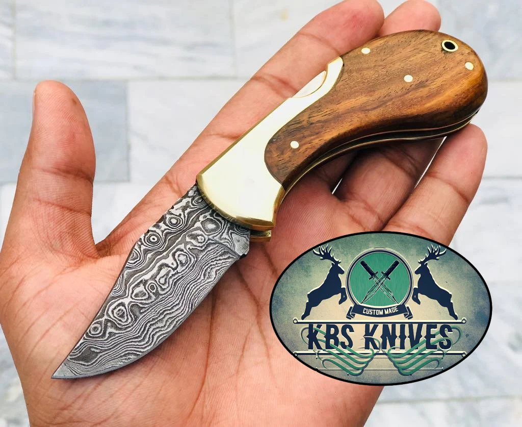 Custom Handmade Damascus Steel New Folding Pocket Knife with Rosewood Handle and Leather Case by KBS Knives Store. - Image 2