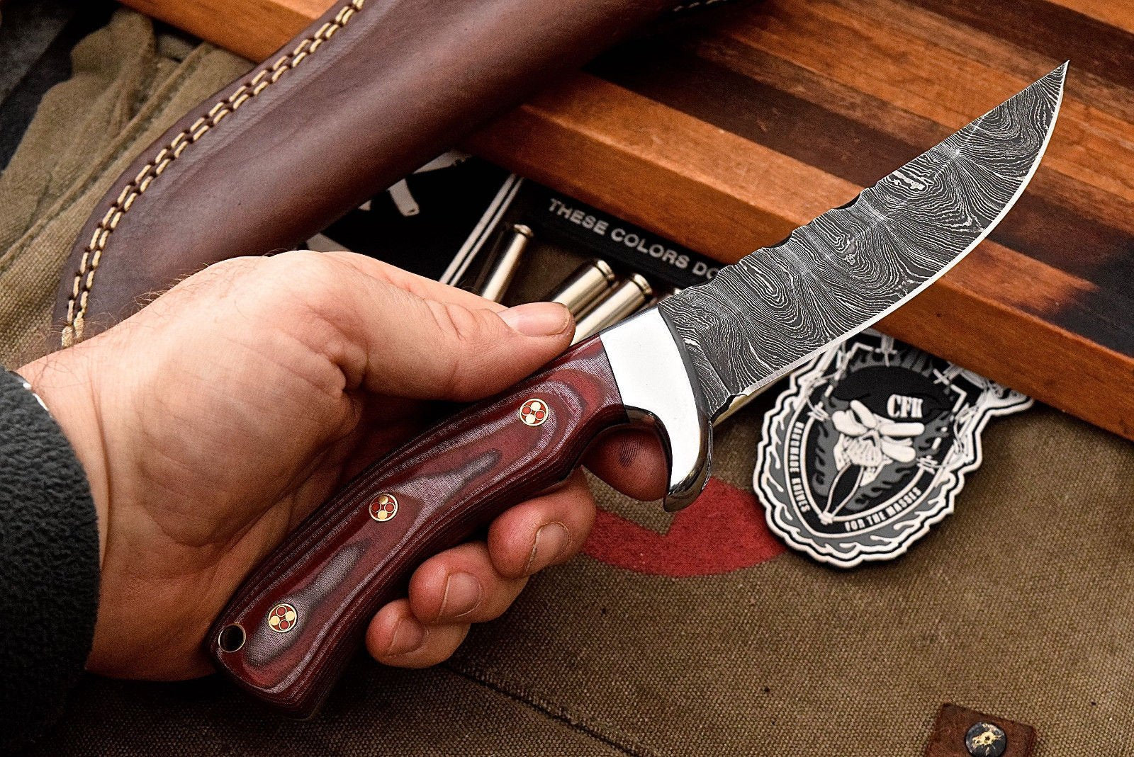 Custom Handmade Damascus Steel Red Micarta Skinning/Camping/Hunting Knife - Image 2