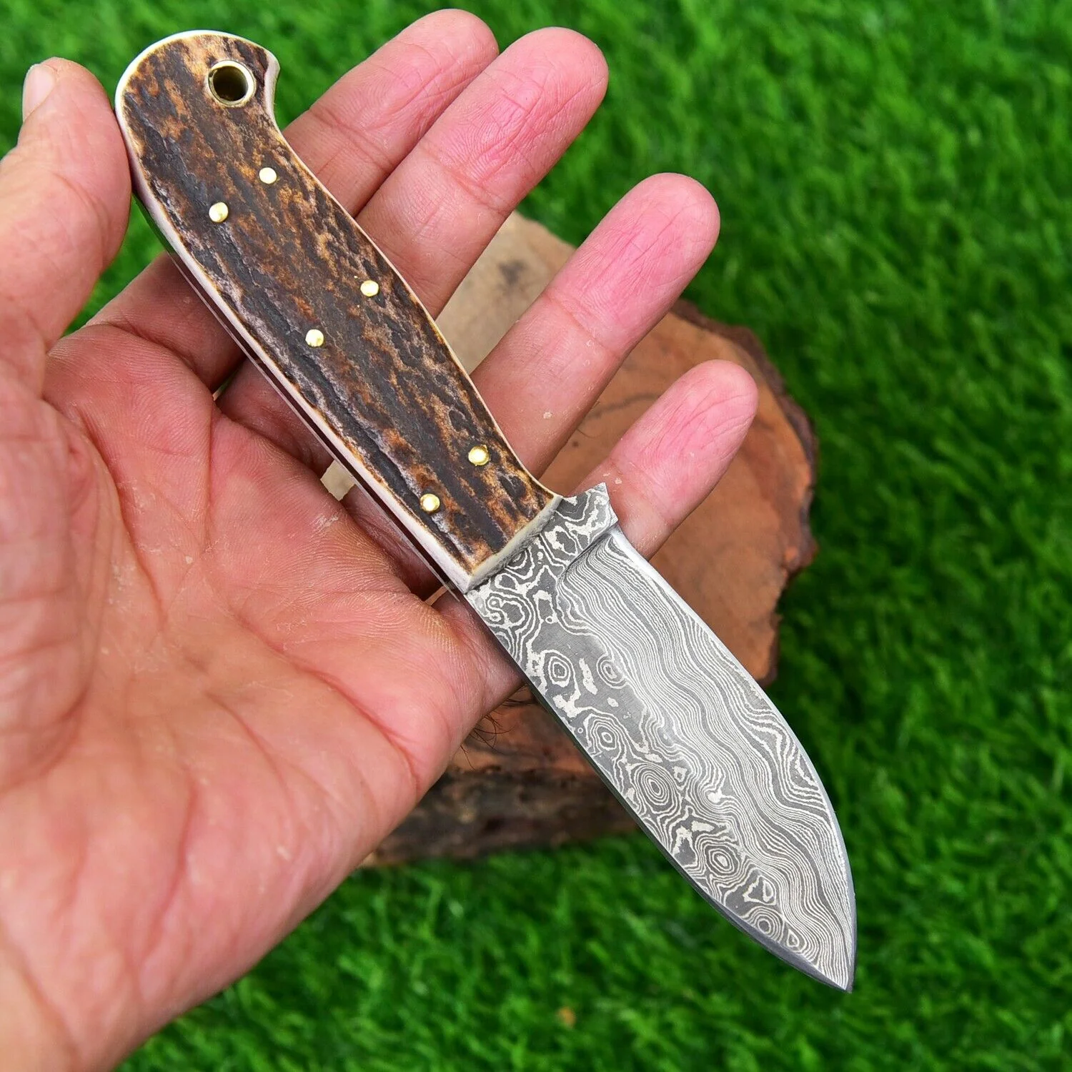 Custom Handmade Damascus Steel Skinning Knife with Stag Horn Handle and Leather Sheath - 7 Inches by KBS Knives Store - Image 2