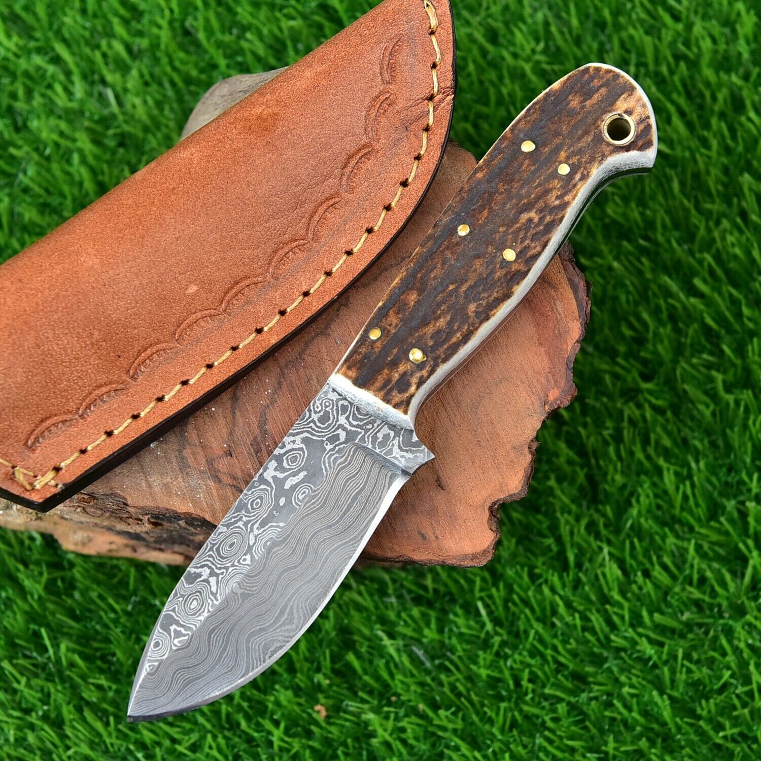 Custom Handmade Damascus Steel Skinning Knife with Stag Horn Handle and Leather Sheath - 7 Inches by KBS Knives Store - Image 3