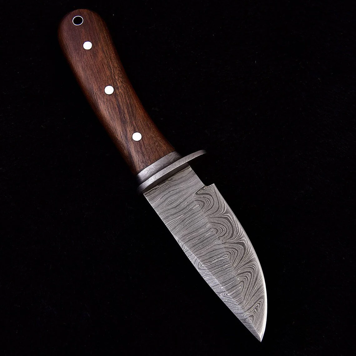 Custom Handmade Damascus Steel Skinning Knife with Walnut Wood Handle, 7.75-inch - Image 2