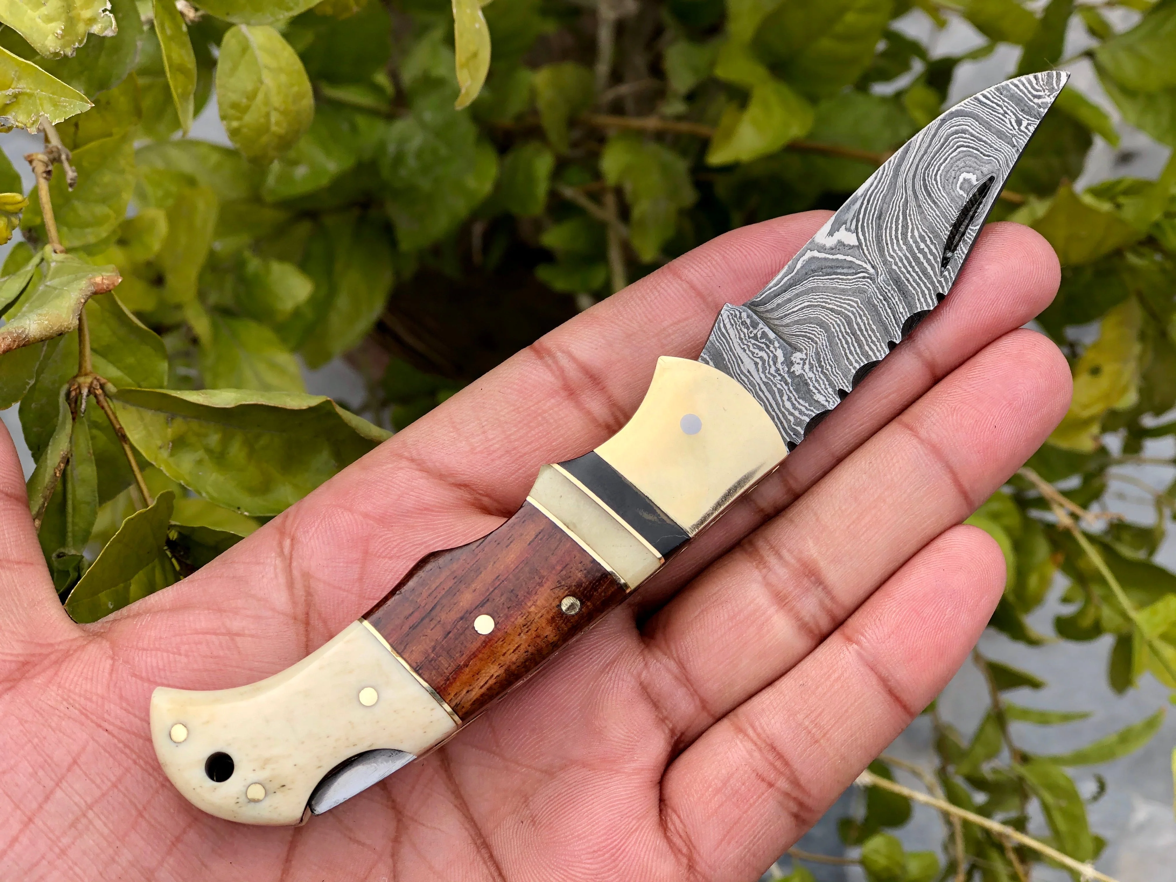 Custom Handmade Damascus Steel Small Folding Pocket Knife with Bone, Rosewood, and Brass Bolsters Handle - Image 3