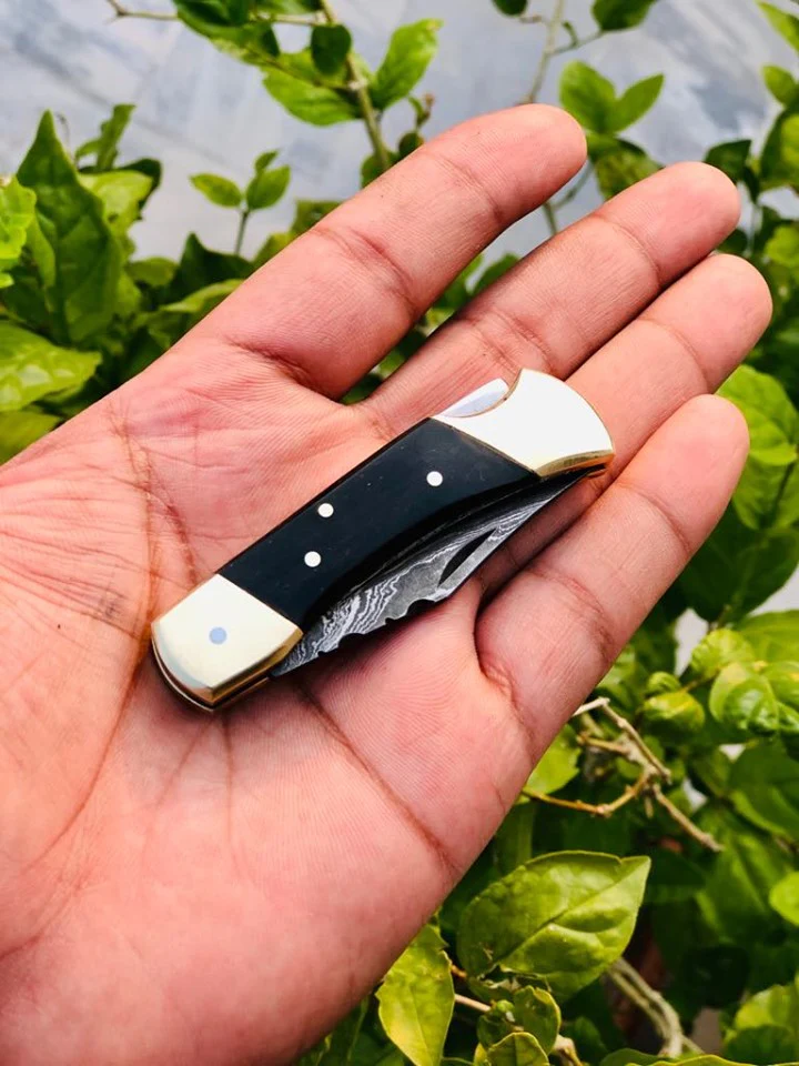 Custom Handmade Damascus Steel Small Folding Pocket Knife with Buffalo Horn Handle and Leather Case by KBS Knives Store. - Image 3