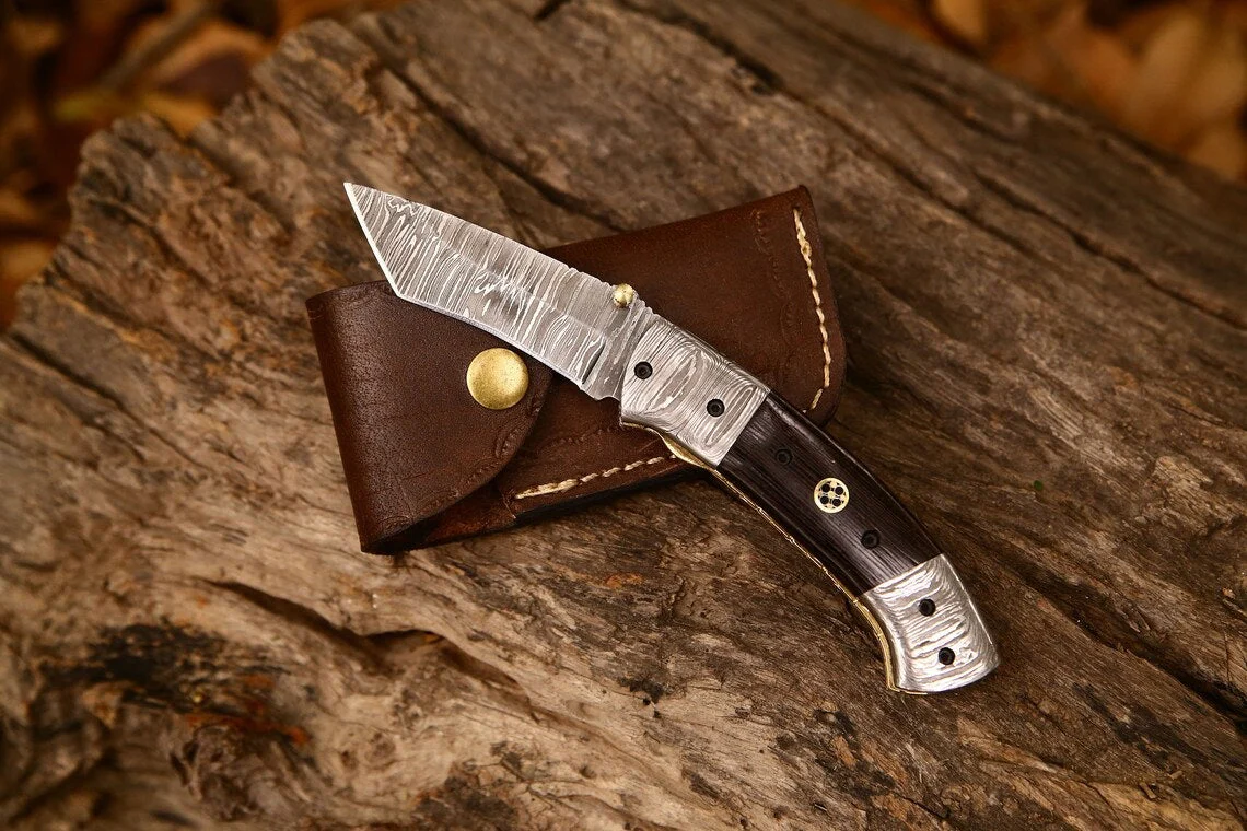 Custom Handmade Damascus Steel Tanto Blade EDC Folding Pocket Knife | 3-Inch Blade, Wenge Wood Handle, Leather Case | Groomsman Gift - Image 2