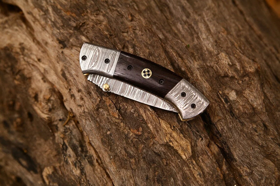 Custom Handmade Damascus Steel Tanto Blade EDC Folding Pocket Knife | 3-Inch Blade, Wenge Wood Handle, Leather Case | Groomsman Gift - Image 3