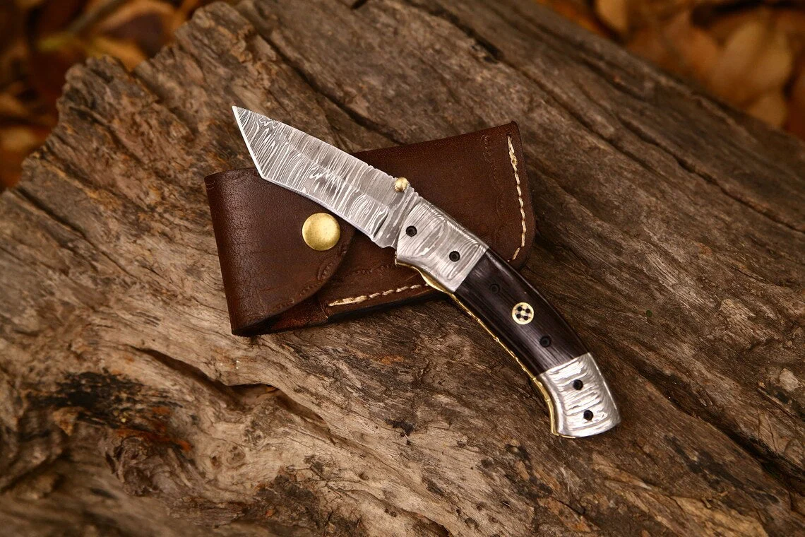 Custom Handmade Damascus Steel Tanto Blade EDC Folding Pocket Knife | 3-Inch Blade, Wenge Wood Handle, Leather Case | Groomsman Gift - Image 4