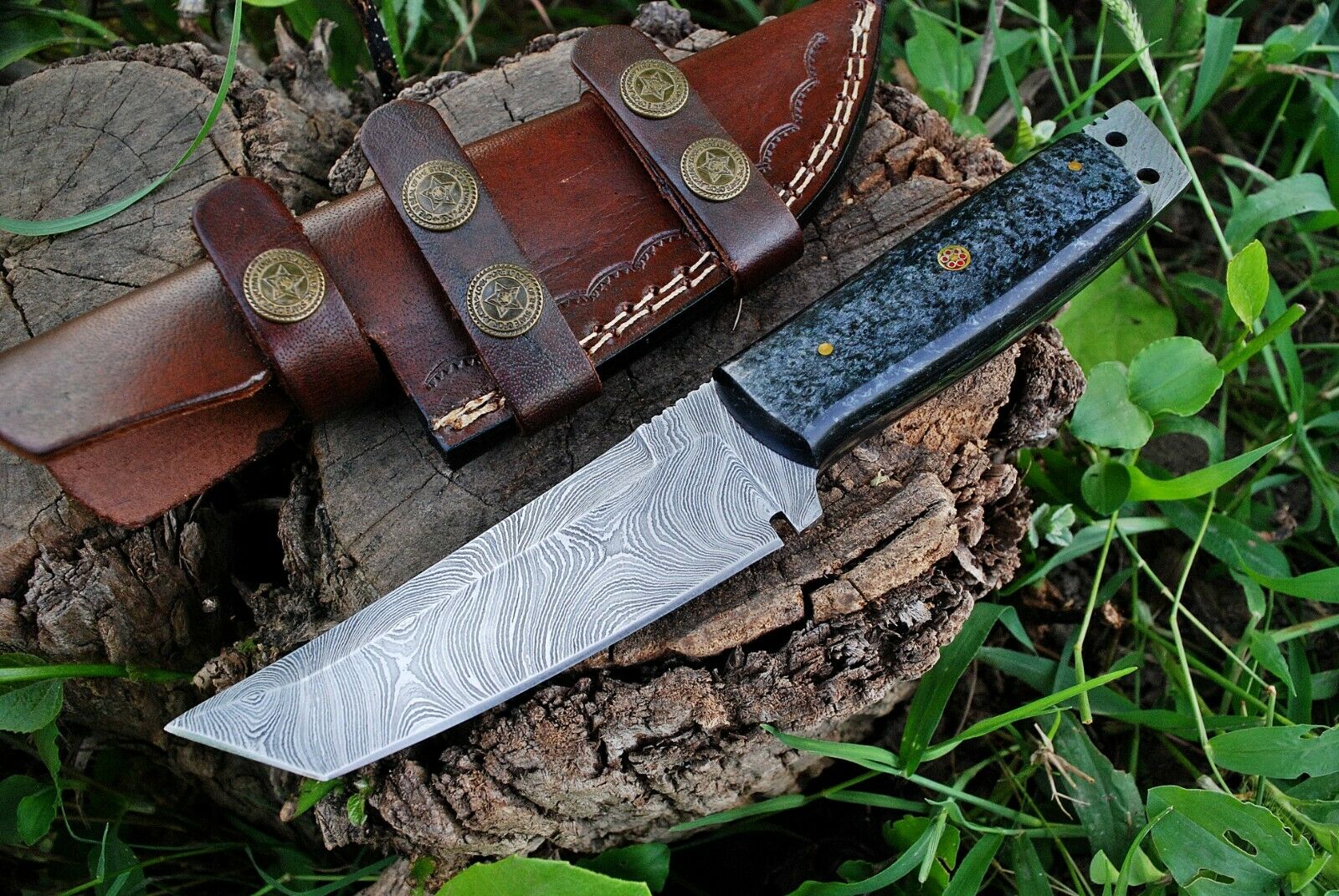 Custom Handmade Damascus Steel Tanto Hunting Knife - Image 2