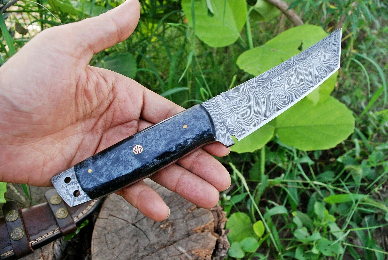 Custom Handmade Damascus Steel Tanto Hunting Knife - Image 3