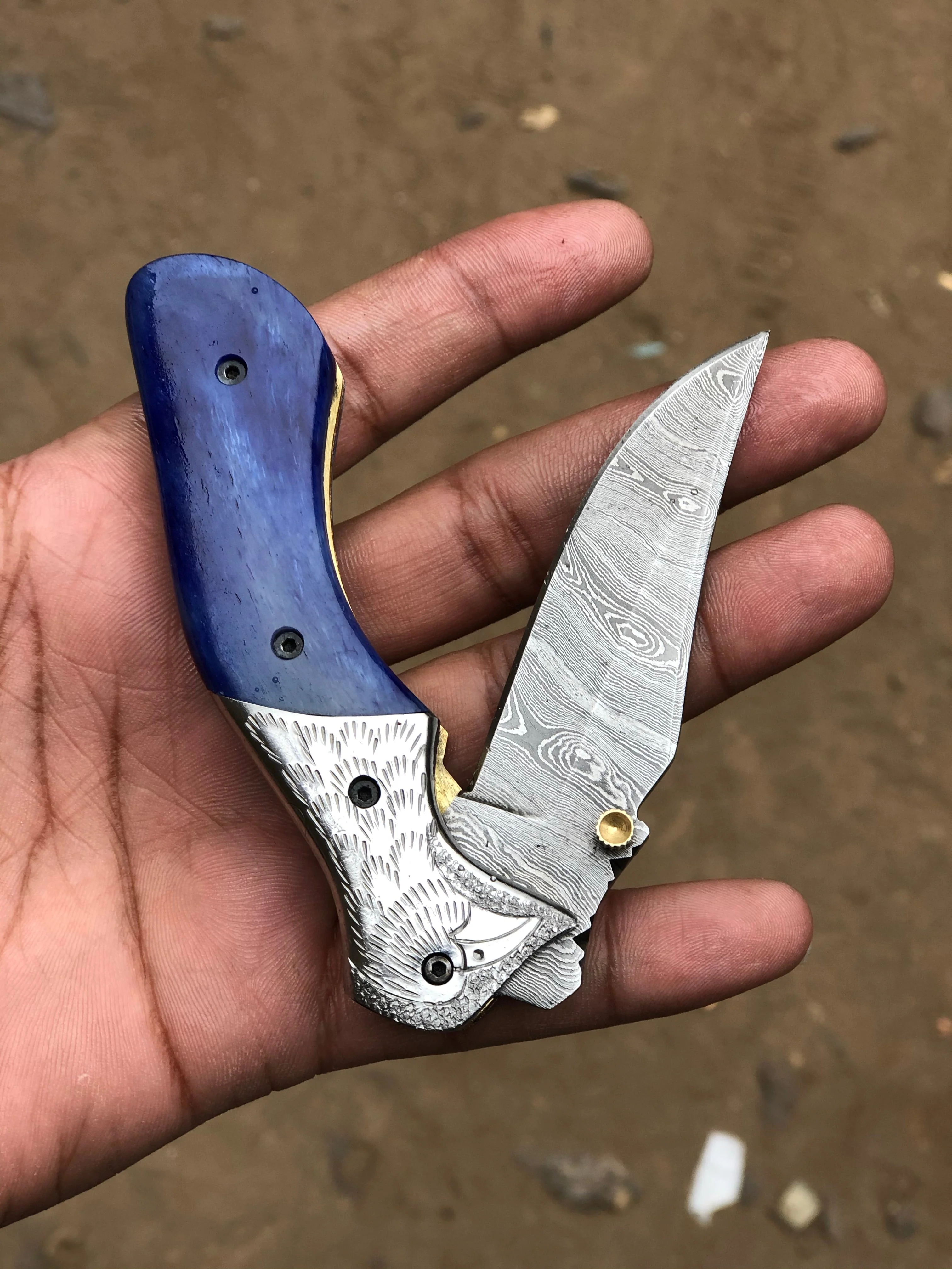 Custom Handmade Damascus Steel Unique Folding Pocket Knife with Colored Bone Handle and Leather Case by KBS Knives Store - Image 2