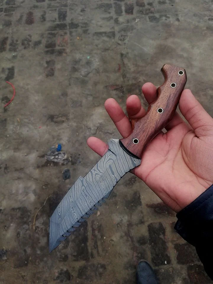Custom Handmade Damascus Tanto Tracker Knife with Rosewood Handle - 10 inches Overall Length, Serrated Top Blade - Image 2