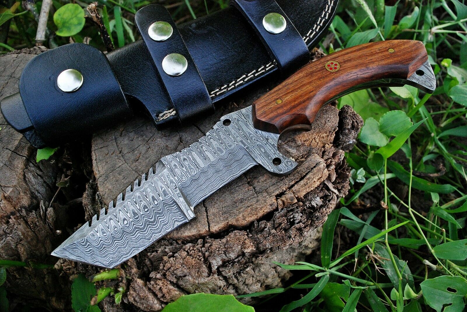 Custom Handmade Damascus Tanto Tracker Knife with Rosewood Handle - 10 inches Overall Length, Serrated Top Blade - Image 2